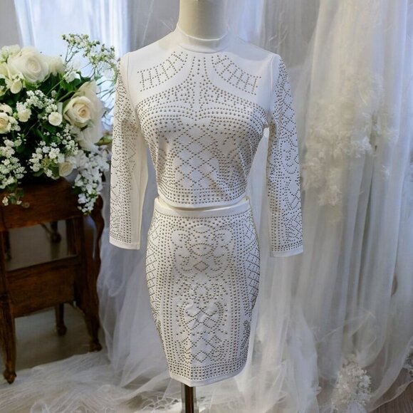 Banjul x Nasty Gal ✦ White Studded Skirt Set S ✦ Cropped Top Mini Skirt Zip-Back - Picture 3 of 16